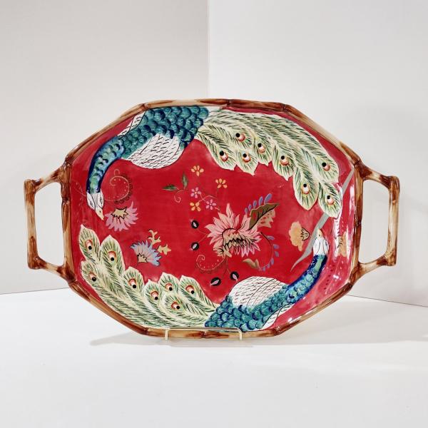 Vintage Hand Painted Tracy Porter The Artesian Road Ceramic Serving Tray Platter, Peacock Floral Design