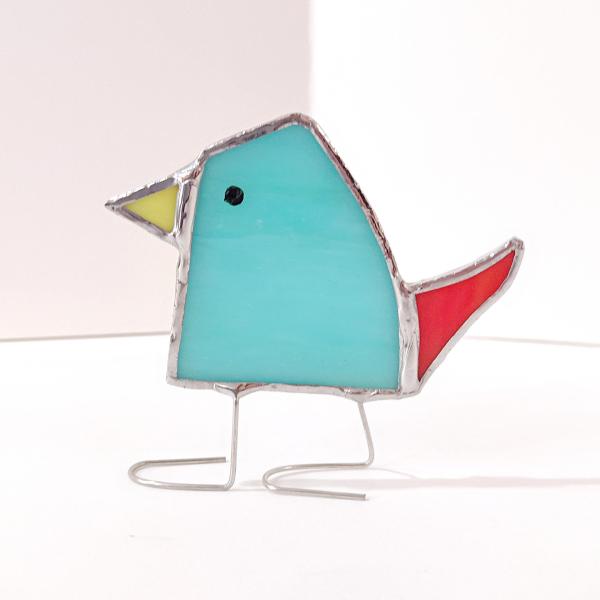 Stained Glass Standing Bird, Funky Glass Bird, Blue and Red Bird Suncatcher, Windowsill Sitter Free Standing Bird
