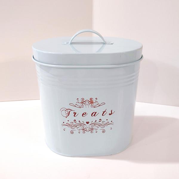 Aqua Blue Treats Tin with Handle Lid, Oval Pet Treat Storage Container
