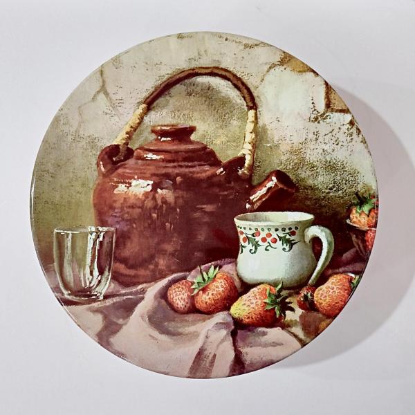 Vintage Robert Chailloux Regal Tea Large Round Cookie Tin, Tea Kettle and Strawberries 10 Inch Metal Tin Storage Container