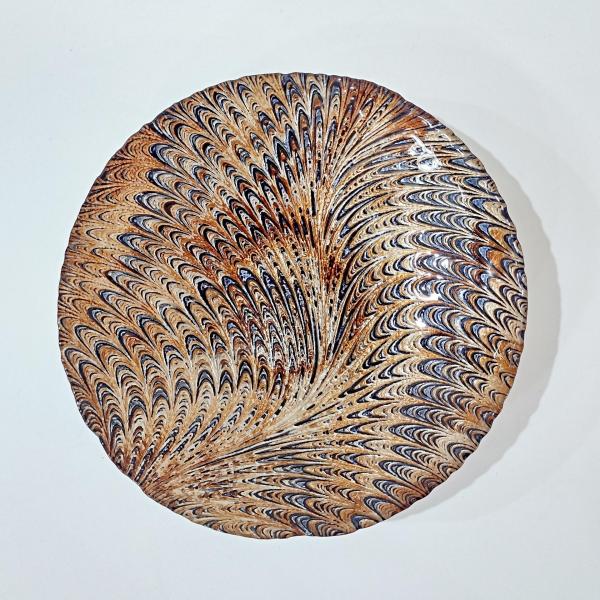 Vintage Turkish Art Glass Serving Bowl, Reverse Painted Peacock Swirl Design