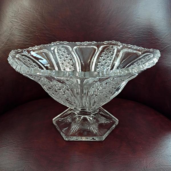 Antique Fostoria No 1578 Tuxedo Footed Clear Glass Fruit Bowl, Circa 1908, EAPG Paneled Button and Cane Decorative Centerpiece Bowl