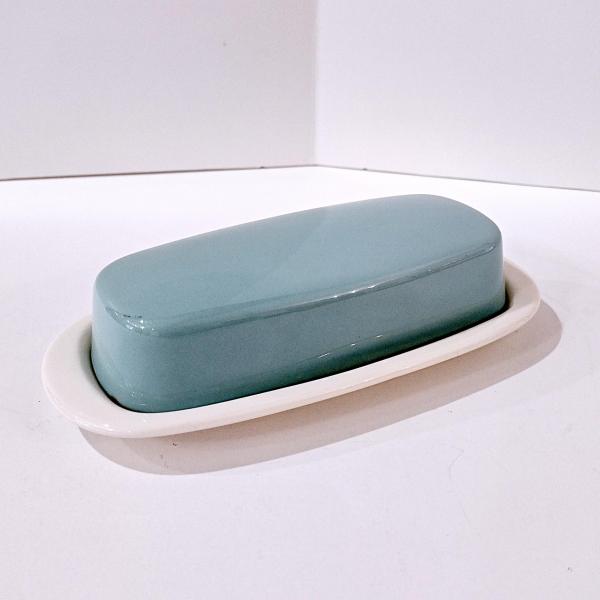 Vintage Homer Laughlin Vista Orbit Turquoise Aqua Blue Covered Butter Dish, Retro 1960's MCM Dinnerware