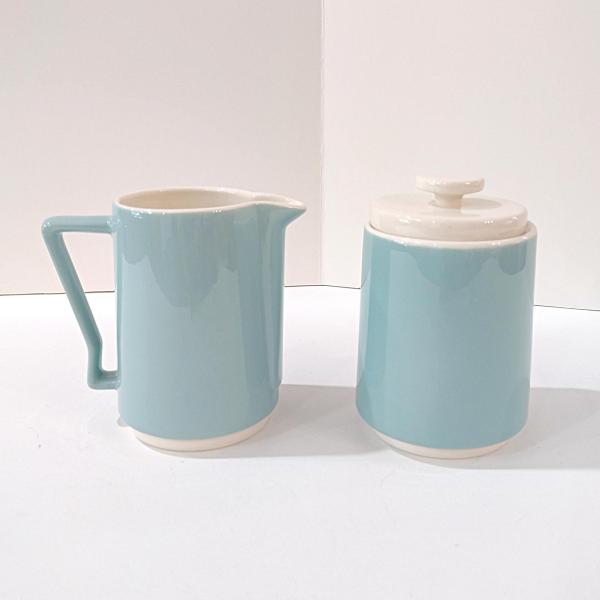 Vintage Homer Laughlin Vista Orbit Aqua Turquoise Blue Creamer and Covered Sugar Bowl Set