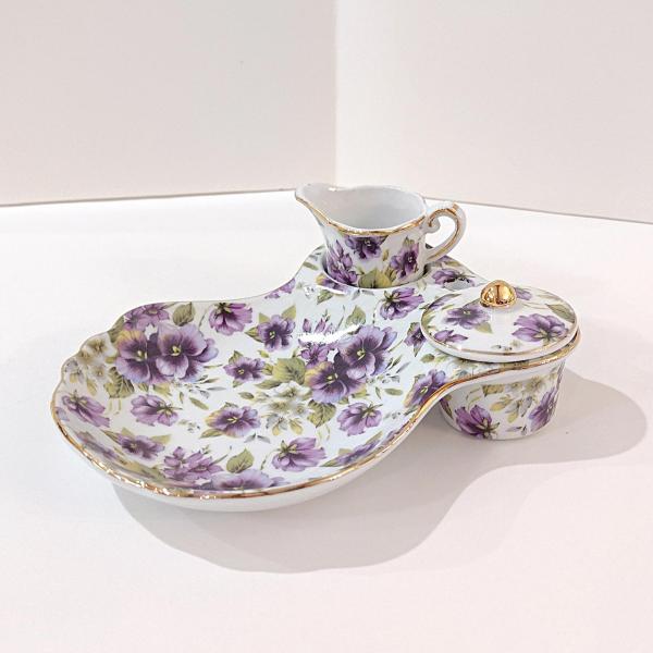 Vintage Purple Violets Floral Tea Cup Holder Plate with Creamer and Sugar Bowl, Victorian Style Porcelain Tea Set