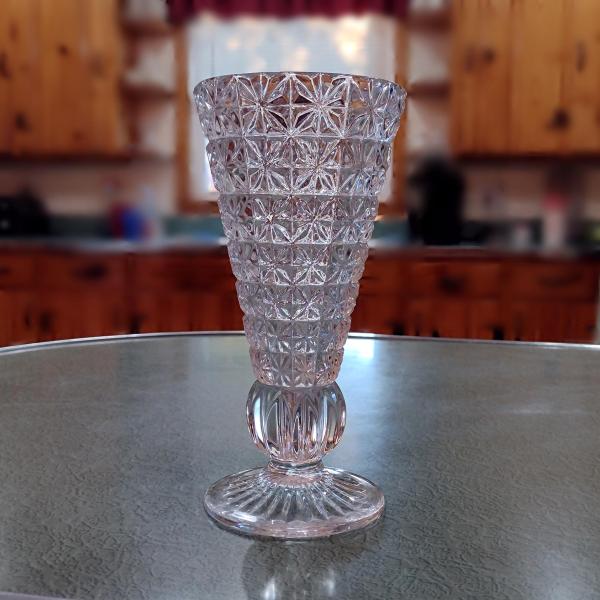 Vintage Star Cut Crystal Flower Vase, 8 Inch Lead Crystal Footed Vase made by Fostoria for Princess House