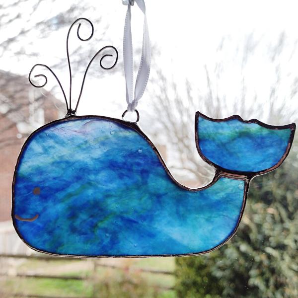 Stained Glass Beluga Whale Suncatcher, Blue and Green Swirled Glass Fish