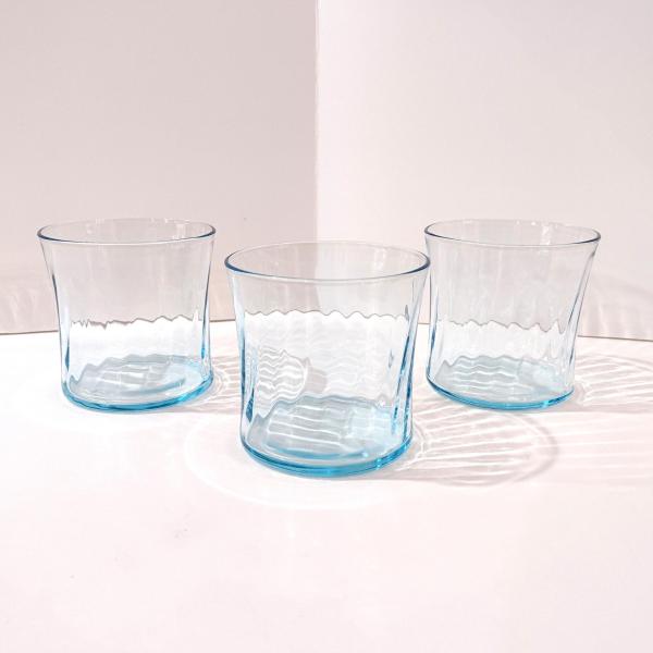 Vintage Light Aqua Blue Swirl Optic Lowball Rocks Glasses, Set of Three, MCM Whiskey Glasses