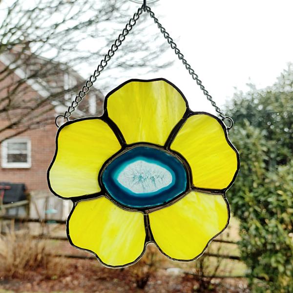 Stained Glass Yellow Pansy Flower with Blue Dyed Agate Geode Center