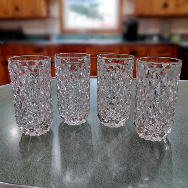 Vintage Fostoria York Highball Glasses, Set of 4, Diamond Optic Heavy Glass 12 Ounce Tumblers