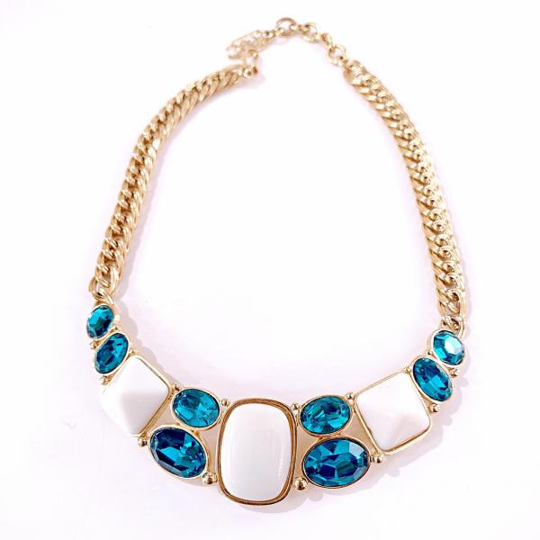 Vintage Yves Saint Laurent Crescent Moon Necklace, YSL Aqua Blue Jewel and White Resin Cabochons with Gold Tone Wheat Link Chain