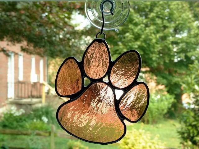 Stained Glass Paw Print Suncatcher, Pink Cathedral