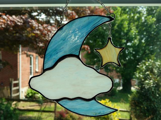 Moon, Cloud, and Star Stained Glass Suncatcher