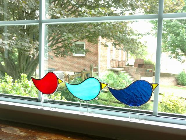 free standing stained glass birds, partridge shaped with beaks and wire legs. 3 in x 4 in. Available in 6 colors