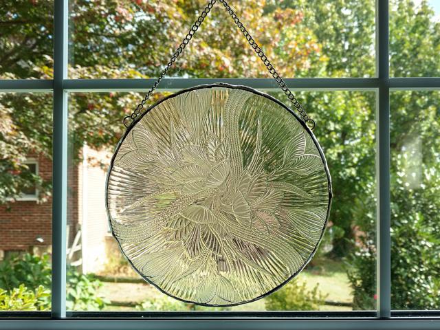 Vintage Glass Plate Window Hanging, Arcoroc Canterbury Pattern