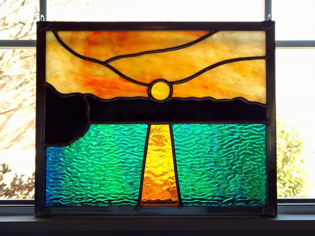 Ocean Sunset Stained Glass Window Panel