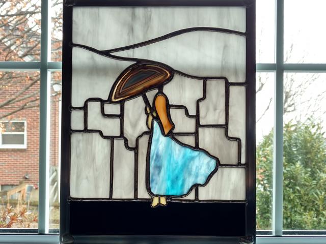 Stained Glass Woman, Rainy City Skyline Window Panel