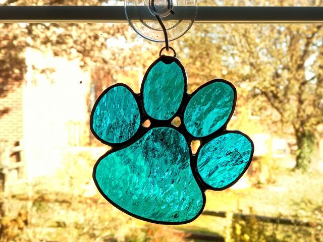 Stained Glass Paw Print Suncatcher, Aqua Blue