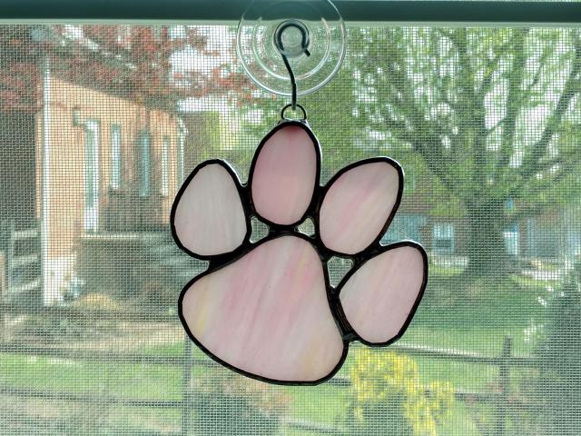 Stained Glass Paw Print Suncatcher, Pink Opal