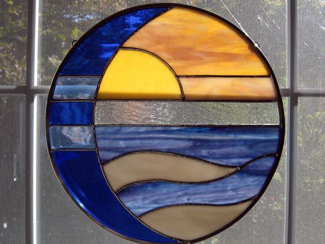 Moon and Sun Over Water Round Stained Glass Panel, Custom Colors Available