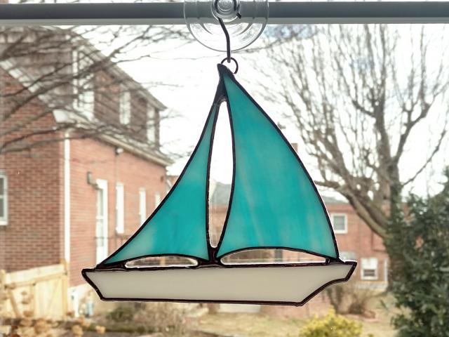 Stained Glass Sailboat Suncatcher, Aqua Blue Swirled