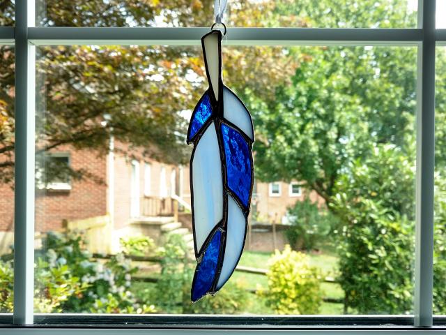 Stained Glass Feather Suncatcher, Cobalt and Light Blue