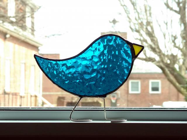 Stained Glass Standing Bird, Turquoise Blue Cathedral Glass