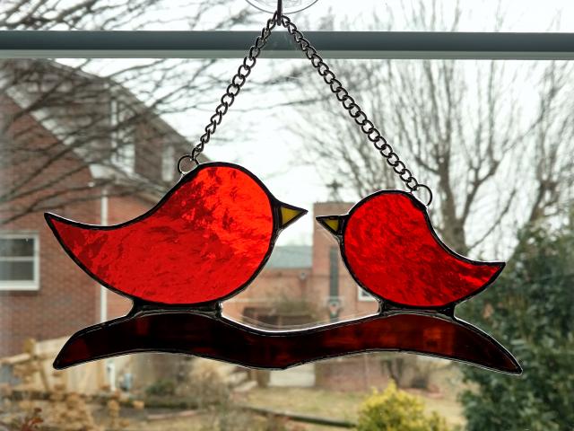 Momma and Baby Birds on a Branch Suncatcher, Red Stained Glass Birds, Custom Colors Available