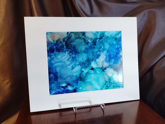 Alcohol Ink Painting, 8 x 10 Matted to 11 x 14, Blue and Silver Abstract