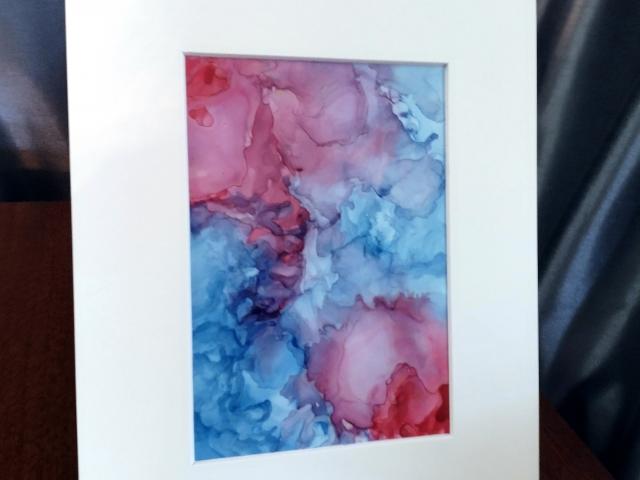 Alcohol Ink Painting, 5 x 7 Matted to 8 x 10, Blue and Rose Pink Abstract Art