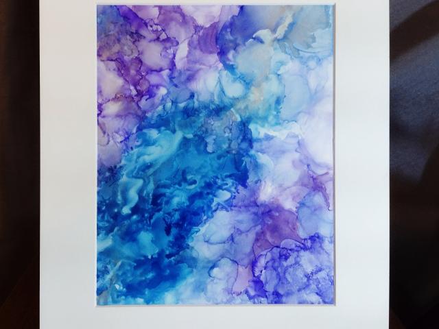 Alcohol Ink Painting, 8 x 10 Matted to 11 x 14, Purple and Blue Abstract