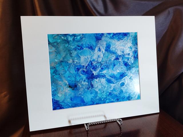 Alcohol Ink Painting, 8 x 10 Matted to 11 x 14, Blue and Silver Abstract