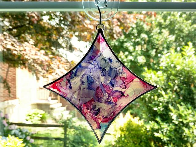 Stained Glass Bevel Suncatcher, Alcohol Ink Pink, Purple, and Blue Abstract