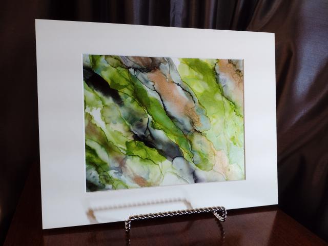 Alcohol Ink Painting, 8 x 10 Matted to 11 x 14, Green and Copper Fluid Art Abstract