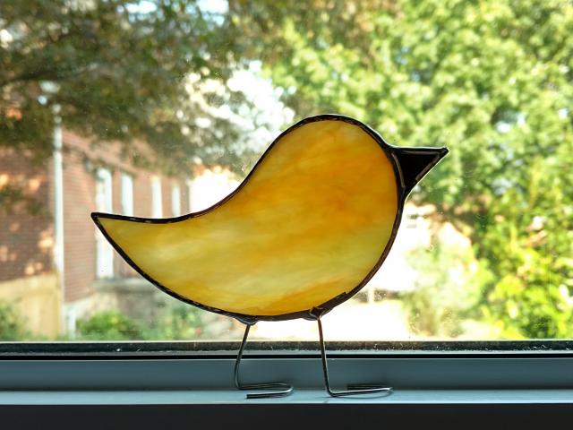 Stained Glass Standing Bird, Orange and Yellow Swirl