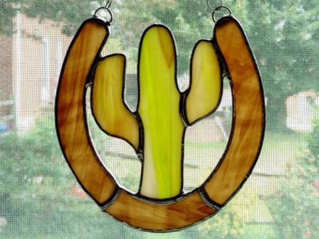 Cactus and Horseshoe Stained Glass Suncatcher, Custom Colors Available