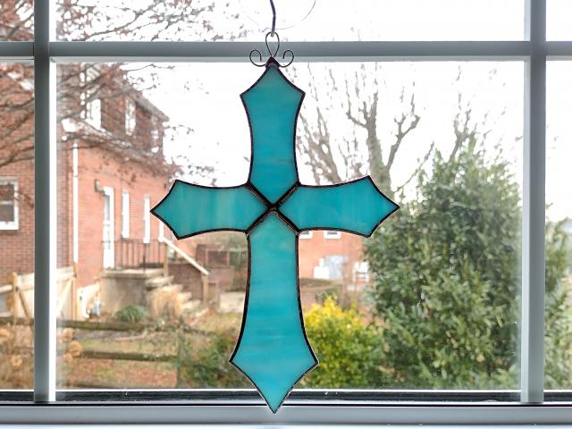 Stained Glass Cross Suncatcher, Blue Iridescent