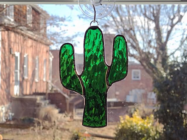 Stained Glass Cactus Suncatcher, Green Hammered Cathedral, Custom Colors Available