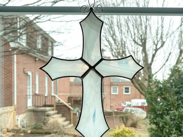 Stained Glass Cross Suncatcher, White Swirl