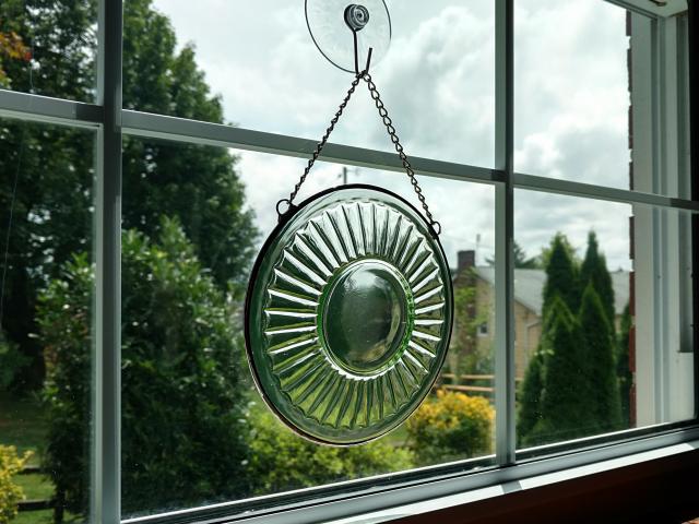 Vintage Green Pressed Glass Plate Window Hanging