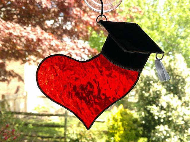 I Love Graduate Stained Glass Suncatcher, Heart with Graduation Cap, Custom Colors Available