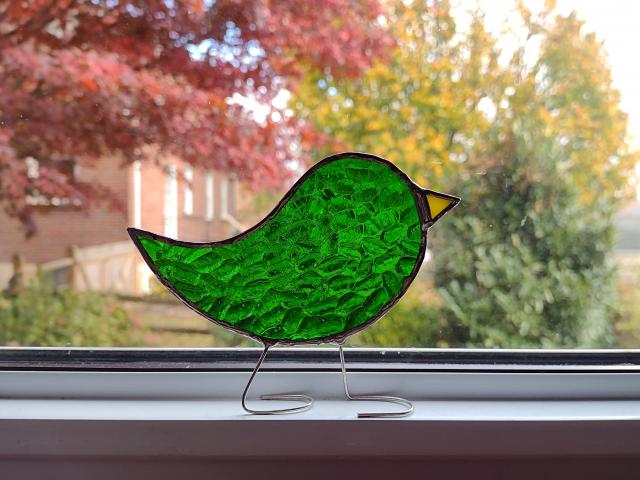 Stained Glass Standing Bird, Green Hammered Cathedral Glass