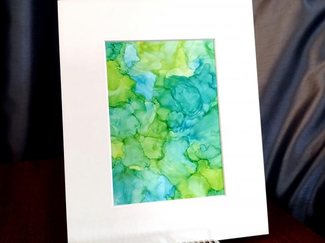 Alcohol Ink Painting, 5 x 7 Matted to 8 x 10, Blues and Greens
