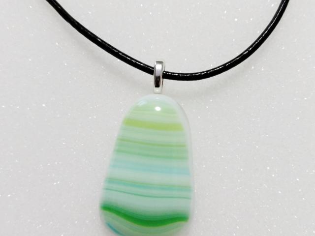 Fused Glass Pendant, Green and White Swirl