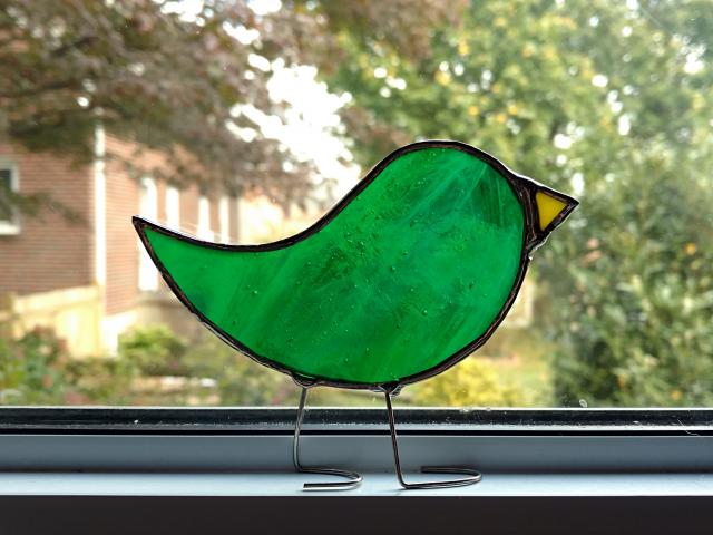 Stained Glass Standing Bird, Green Swirled