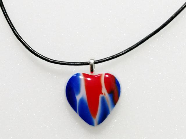 Fused Glass Heart Pendant, Red White and Blue Swirl