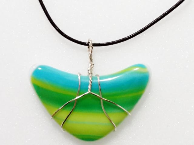 Fused Glass Wire Wrapped Pendant, Green and Blue Swirl