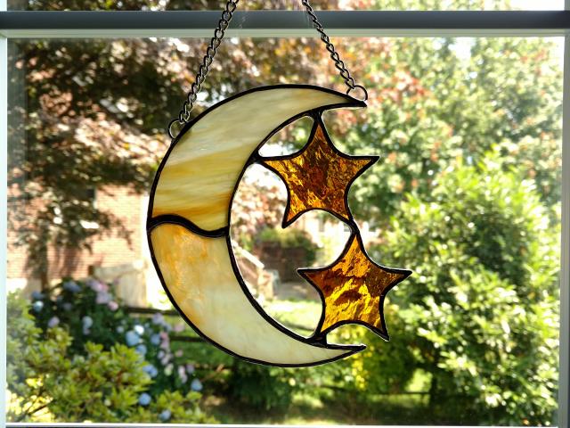 Moon and Stars Stained Glass Suncatcher, Orange and Yellow Swirled Corsica Glass