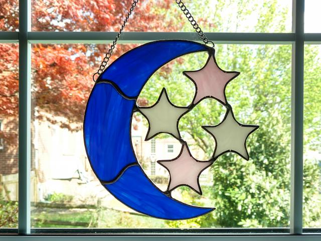 Moon and Stars Stained Glass Suncatcher, Opalescent Glass, Celestial Decor