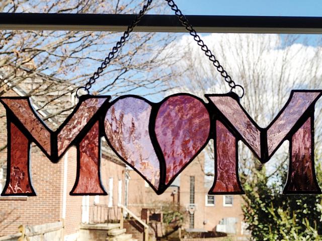 Stained Glass Mom with Heart Suncatcher, I Love Mom Gift,  Custom Colors Available